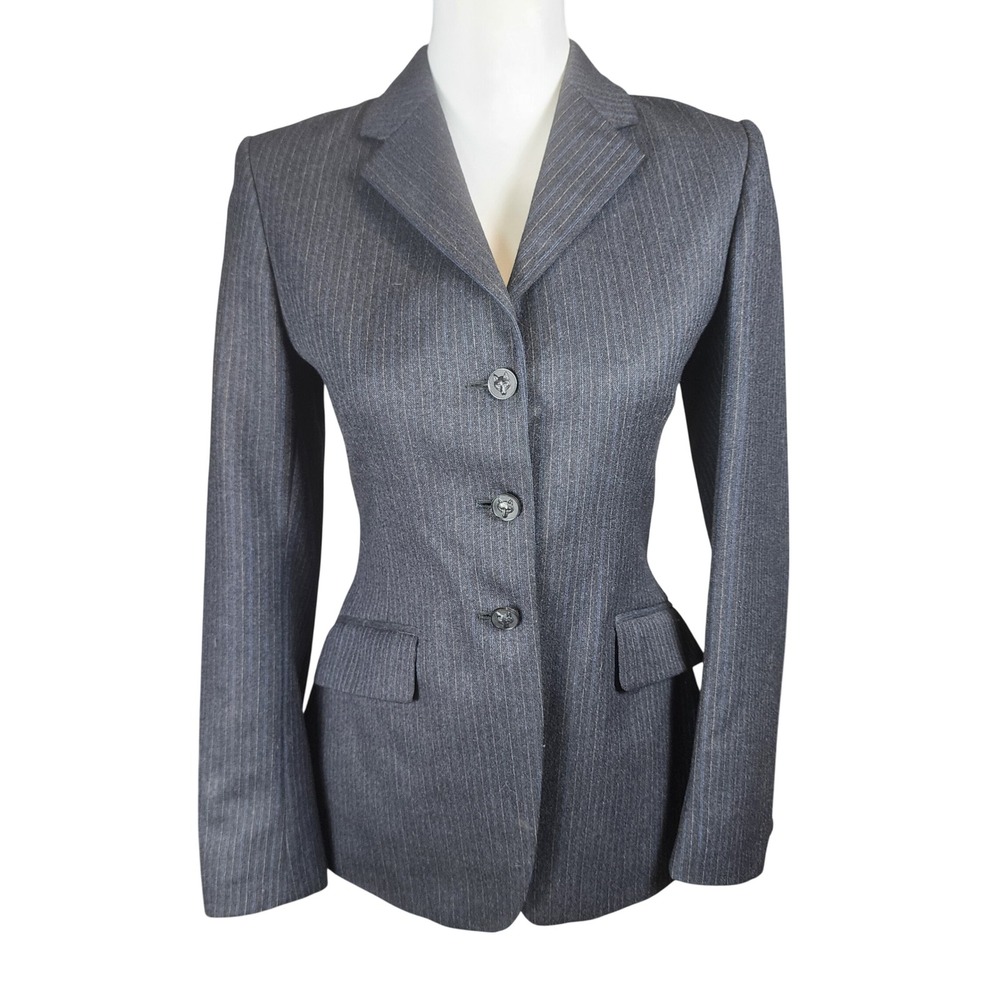 Pytchley Phillips & Piper Wool Pinstripe Riding Blazer Womens US 2 Gray Fox Head - Picture 1 of 12